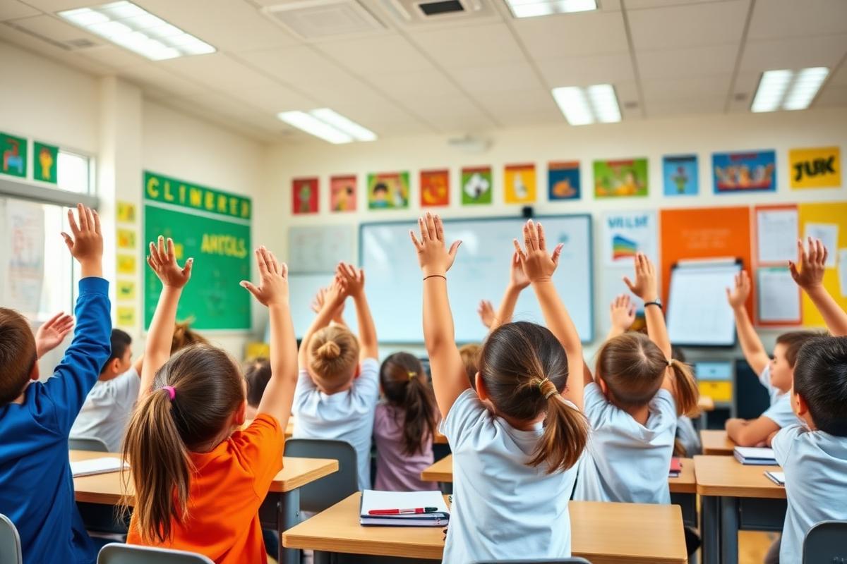 Primary students raising hands in an engaging classroom
