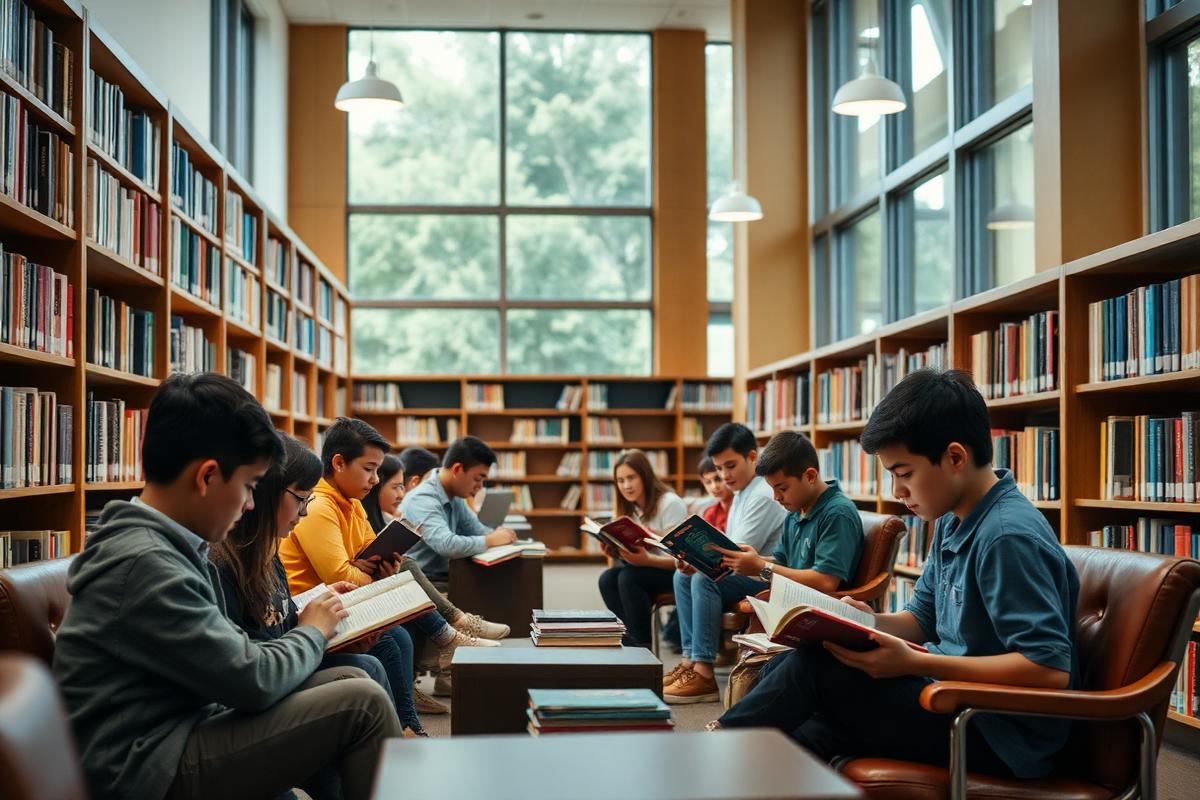Students reading and learning in the school library